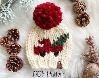 Pine Ridge Truck Hat PATTERN Newborn Baby Toddler Knitting Pattern Chunky Knit Pom Pom Winter Hat Super Bulky Red Truck Christmas Tree