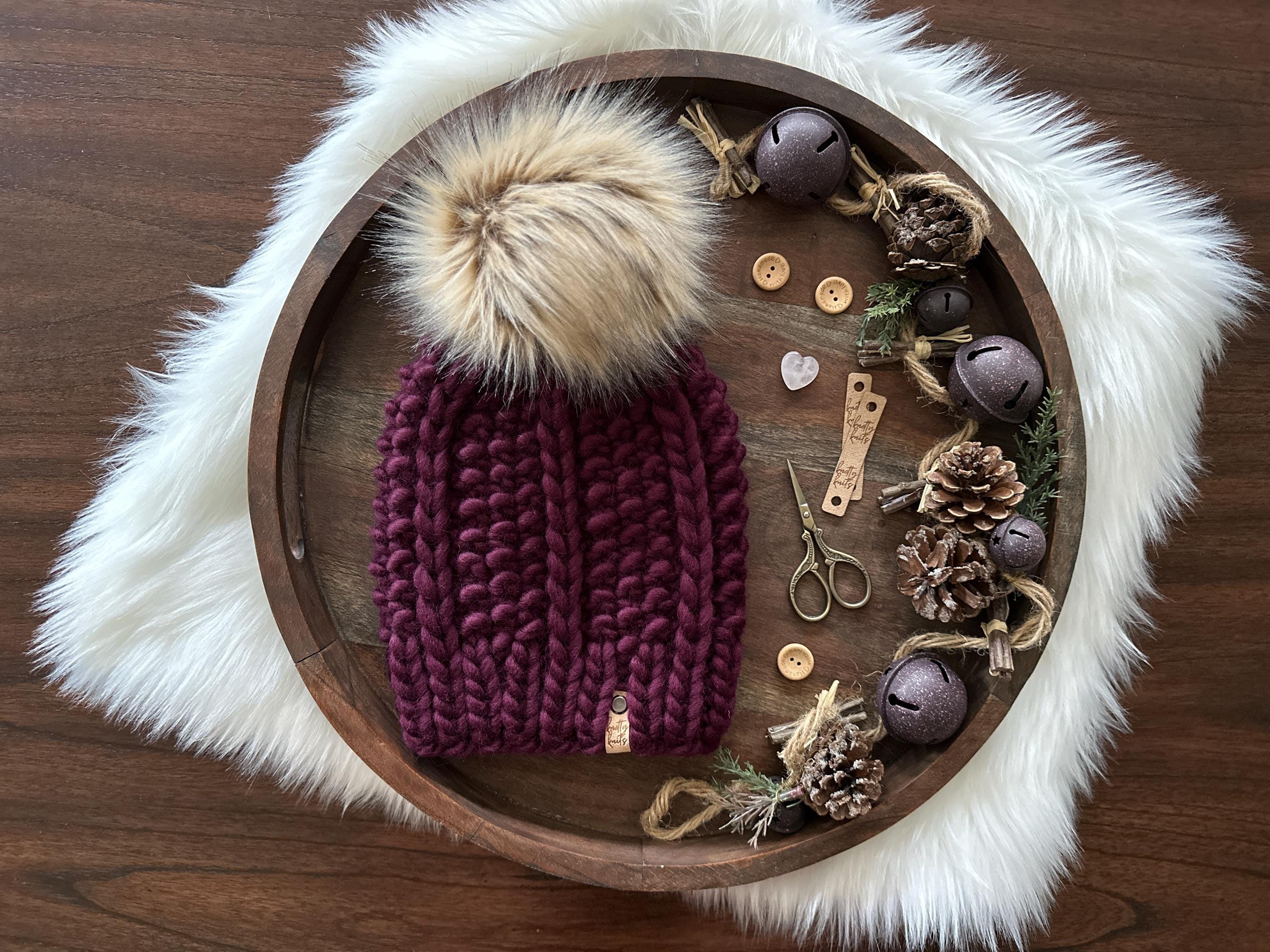 BH Maroon/Burgundy Beanie with Multicolor Tan Real Rabbit Fur Pom Pom Real Fur Pom Pom for Hat, Burgundy Fluffy Pompom With Ribbon  main image 4