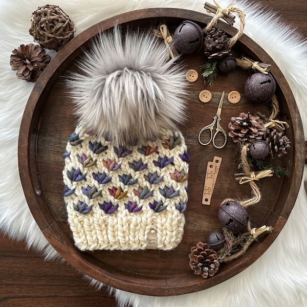 Lotus Flower Beanie, 2-3 yrs, Toddler, Knit, Knitted, Malabrigo, Rasta, Arco Iris, Ivory, Super Bulky, Beanie, Faux fur pom