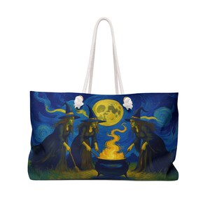 May include: Large tote bag featuring a whimsical illustration of three witches gathered around a cauldron under a full moon. The artwork is set against a starry night sky with a swirling, artistic style. The bag has white rope handles.