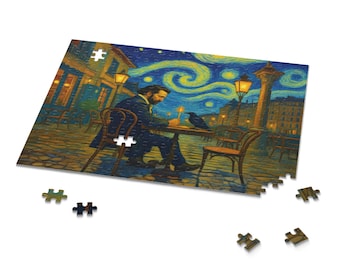 May include: A partially assembled jigsaw puzzle featuring a painting of a man seated at a table in a cafe at night. The artwork depicts a starry sky and a raven. Several puzzle pieces are scattered around the main puzzle.