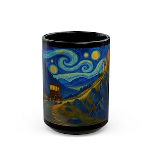 May include: Black ceramic mug featuring a vibrant, swirling night sky design with yellow stars and a winding road. A horse-drawn carriage travels along the road towards a castle on a hill. The mug has a black interior and handle.