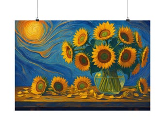 May include: A poster print of a still life featuring sunflowers in a clear glass vase. The painting has a blue background with a yellow sun and a wooden table. The sunflowers are yellow and brown.