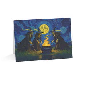 May include: Greeting card featuring an illustration of four witches gathered around a cauldron with a large moon in the background. The witches are wearing black robes and hats, stirring a fire. The background is a dark blue night sky.
