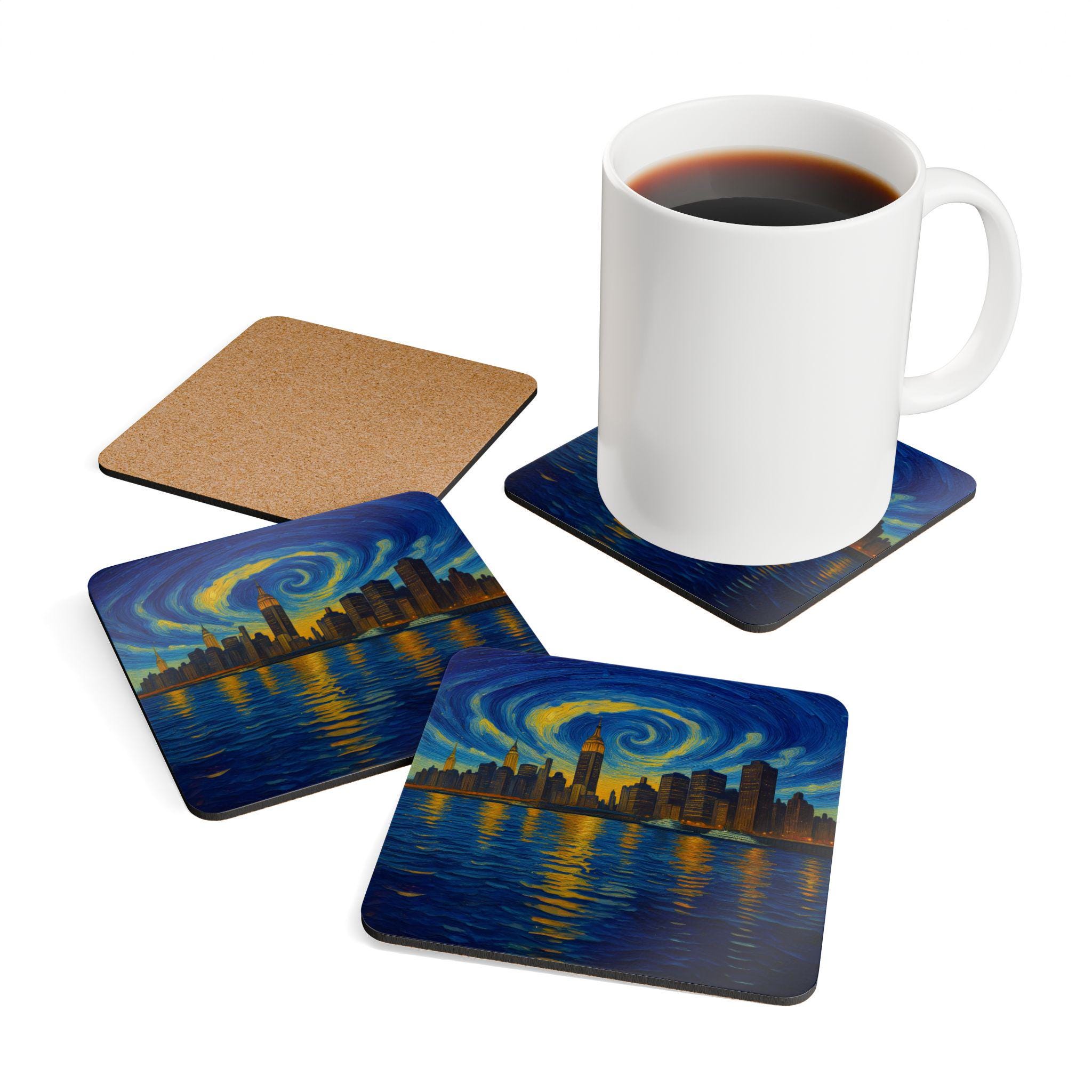 Van Gogh NYC Coaster Set – Starry Night Skyline, Artistic Drink