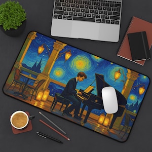 May include: A rectangular mouse mat with a painting of a pianist under a starry night sky, in the style of Van Gogh. The artwork uses swirling blues, yellows, and oranges. The scene includes a cafe setting with lanterns and a piano.
