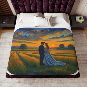 May include: A blanket featuring a romantic landscape painting of a couple in a field at sunset. The artwork depicts a man and woman standing in a field of wheat, with a vibrant orange and blue sky. The blanket is on a bed with a purple headboard.