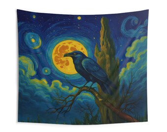 Van Gogh Style Edgar Allan Poe Tapestry: Gothic Crow Wall Art
