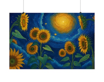 May include: A poster featuring a vibrant painting of sunflowers under a swirling, starry night sky. The sunflowers are rendered in shades of yellow and gold, with green leaves and stems. The background is a deep blue with a bright yellow sun.