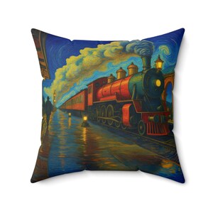May include: Square throw pillow featuring a vibrant painting of a vintage train at a station under a starry night sky. The train is red and green, with yellow lights and billowing smoke. A person walks along the platform.