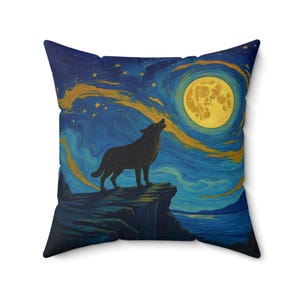 May include: Square throw pillow featuring a stylized painting of a howling wolf under a full moon. The artwork is set against a dark blue night sky with swirling gold and yellow accents, evoking a starry night theme. The pillow is square.