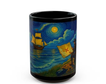 Taza de la Isla del Tesoro estilo Van Gogh: Barco pirata, regalo náutico