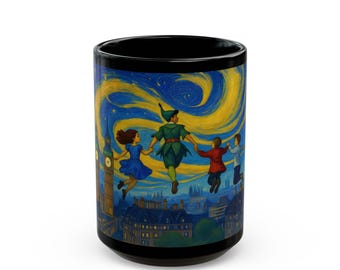 Van Gogh inspirierte Peter Pan Tasse - Peter Pan Fliegen mit Wendy, John & Michael Over London, wunderliche literarische Kunst Kaffeetasse