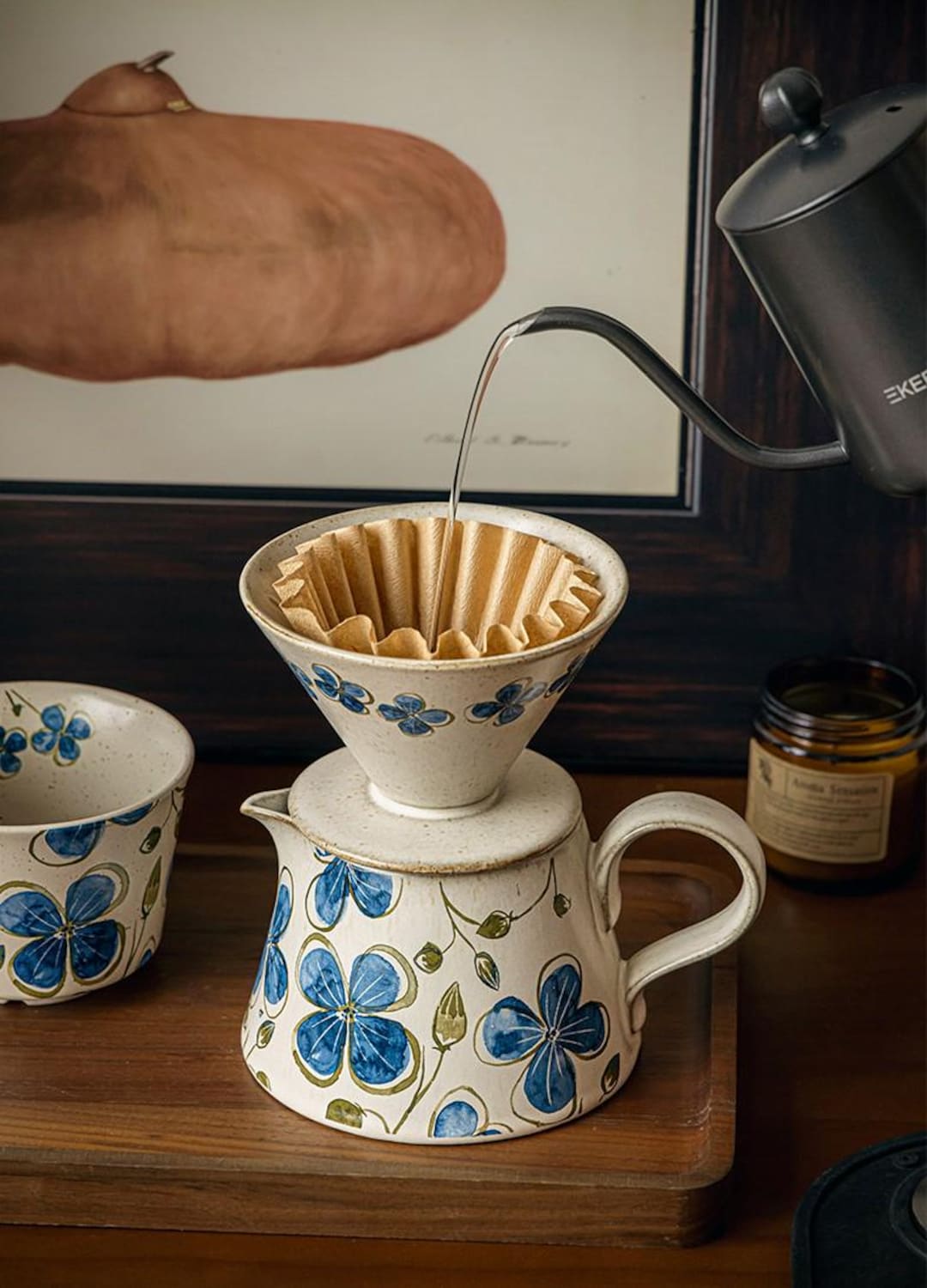 Hand-painted Ceramic Pour Over Coffee Set, Vintage Floral Stoneware Carafe - Etsy