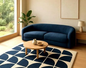 Blue and Ivory Geometric Navy Blue Bauhaus Style Hand-Tufted New Zealand Wool Rug - Modern Mid Century Living Room Decor