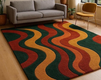Modern Abstract Wavy Retro 70s Orange & Green Groovy Hand-Tufted New Zealand Wool Rug -Large Geometric Rug for Living Room