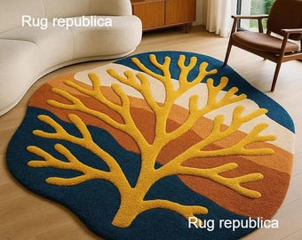 Abstract Coral Botanical Hand-Tufted New Zealand Wool Rug - Irregular Shape Modern Rug for Living Room .