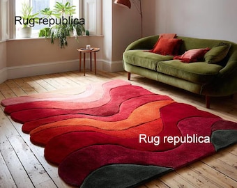 Modern Abstract Wavy Hand Tufted Retro 70s Area Rug, Red Pink Orange Shag Carpet, Irregular Statement Rug for Living Room Bedroom