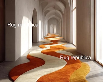 Retro Wave Hand Tufted Wool Area Rug, Burnt Orange Mustard Ivory, 70s Abstract Runner