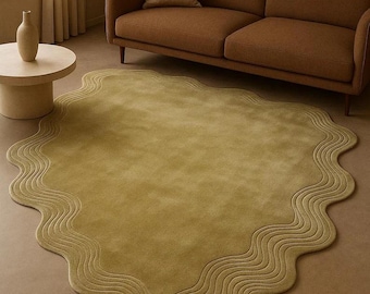 Modern Wavy Scalloped Edge Hand-Tufted New Zealand Wool Rug - Moss Green & Beige Aesthetic Decor