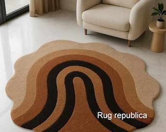 Modern Wavy Abstract Hand Tufted Earth Tone Area Rug, Retro 70s Brown Beige Carpet, Irregular Shape Statement Living Room Rug