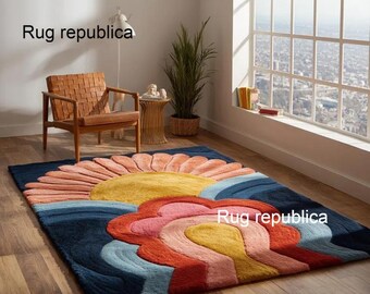 Hand Tufted Sunrise Rug, Retro Floral Pink Yellow Blue Abstract Woolen Area Rug, 70s Boho Living Room Bedroom Statement Rug