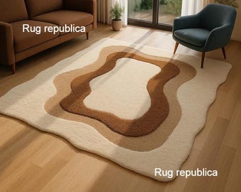 Abstract Wavy Organic Shape Hand-Tufted New Zealand Wool Rug - High-Low Pile Textured Neutral Carpet - Modern Japandi Decor