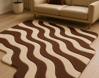 Brown & Ivory Wavy Scalloped Retro 70s Aesthetic Irregular Shaped Hand-Tufted New Zealand Woolen Rug -Modern Minimalist Decor