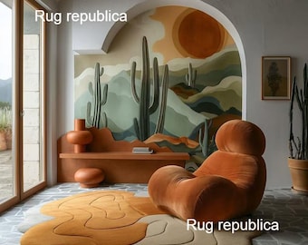 Irregular Shape Organic Earthy Desert Landscape Decor Hand-Tufted New Zealand Wool Rug - 3D Textured Abstract Modern Art Carpet