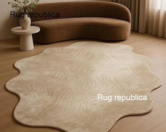 Modern Beige Abstract Rug Hand Tufted Irregular Shape Rug, Soft Sculpted Living Room Bedroom Rug