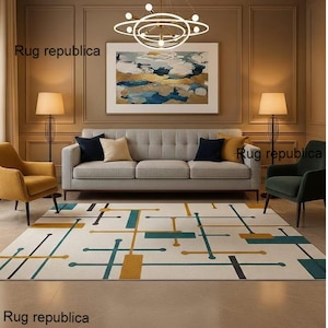 Hand-Tufted Woolen Area Rug – Mid-Century Modern Geometric Grid, Teal & Mustard