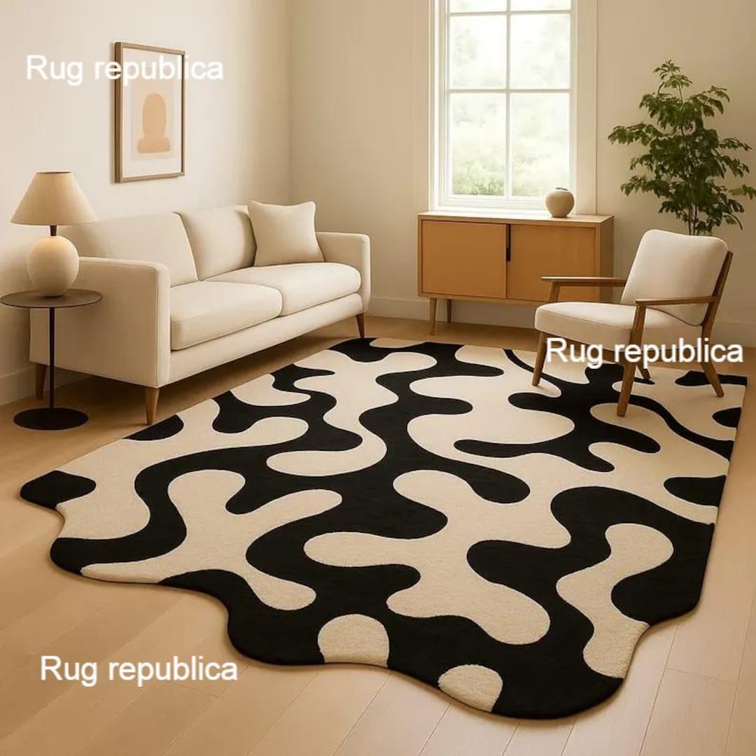 Hand Tufted Woolen Rug – Black and White Wavy Abstract Design - Etsy