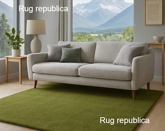 Moss Olive Green Solid Hand-Tufted New Zealand Wool Rug for Hallway & Entryway, Living Room