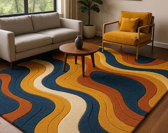 Abstract 70s Retro Swirl Hand-Tufted New Zealand Wool Rug - Mid-Century Modern Wavy Carpet - Groovy Blue and Orange Floor Art