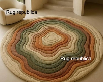 Organic Wavy Topographic Design Earth Tone Hand Tufted Woolen Area Rug - Abstract Circle Rug for Living Room - 3D Texture Sand & Moss Rug