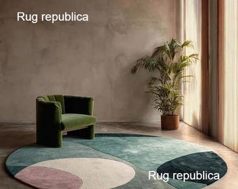 Modern Abstract Hand-Tufted Woolen Area Rug | Premium Wool Circle Rug | Pink & Green Geometric Floor Art