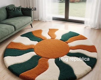 Round Sunburst Hand Tufted Wool Area Rug, Retro Abstract Circle Carpet, Mid Century Modern Boho Living Room Decor, Custom Size Rug