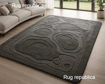 Abstract Wavy Topographic Charcoal Grey Hand-Tufted New Zealand Wool Rug - Modern Minimalist 3D Carved Living Room Art Carpet