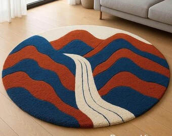 Modern Abstract Landscape Blue and Terracotta Hand-Tufted New Zealand Wool Rug - Minimalist Nature Inspired Floor Ar