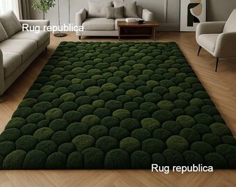 Green 3D Pebble Stone Hand-Tufted New Zealand Wool Rug - Forest Floor Mossy Area Rug - Modern Abstract Nature Inspired Carpet .