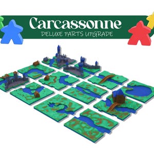 May include: A Carcassonne Deluxe Parts Upgrade set. The image shows green tiles with blue rivers, brown roads, and miniature buildings. The game's logo and player pieces in green, blue, red, and yellow are also visible.