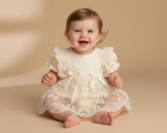 Ivory Lace Baby Romper Dress | Christening, Baptism, First Birthday Outfit