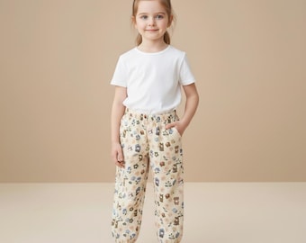 Pantalones deportivos de algodón con estampado de oso floral: pantalones suaves y cómodos para niños pequeños, color neutro para bebé