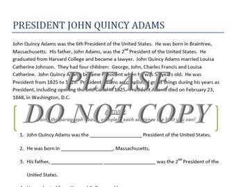 President John Quincy Adams Homeschool Elementary Classroom Printable Worksheet