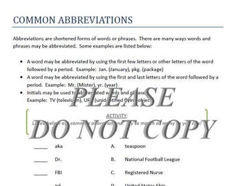 Common Abbreviations Homeschool Elementary Classroom Printable Worksheet