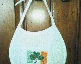 Completed Counted Cross Stitch Baby Bib - Irish Flag Shamrock Baby Bib