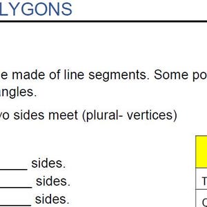 May include: An educational worksheet titled CLASSIFYING POLYGONS with definitions for polygon and vertex. It includes a Quick Check section with fill-in-the-blank questions about hexagons, pentagons, and octagons, plus a table listing common polygons.