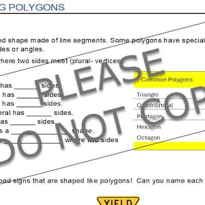 Puede incluir: Una hoja de trabajo titulada "Clasificación de polígonos" con definiciones de vocabulario y una sección de verificación rápida. La imagen incluye una tabla que enumera polígonos comunes y su número de lados y ángulos.