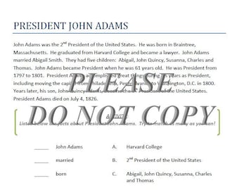 President John Adams Homeschool Elementary Classroom Printable Worksheet