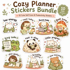 May include: A collection of 10 planner stickers with self-care and productivity themes. The stickers feature cute animal characters, including a bunny, hedgehog, dog, mouse, frog, panda, cat, and bear, each with a unique design and text.